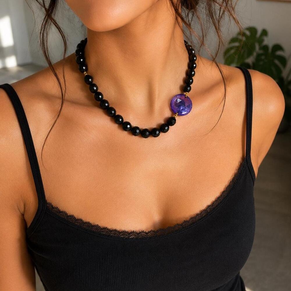 Vintage Dauplaise Black Beaded Purple Statement Necklace